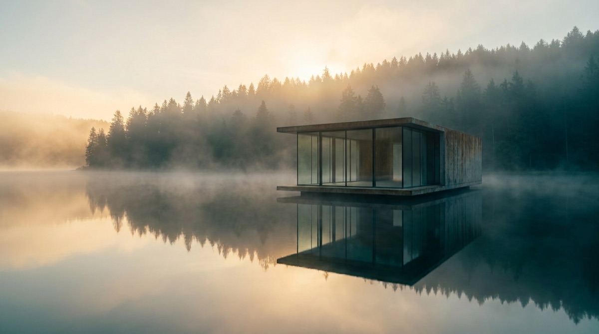 The painted hero of the generated page: a modernist glass pavilion on a misty lake at dawn