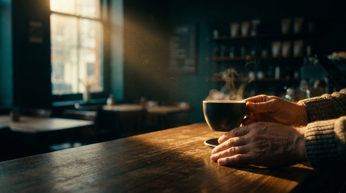 Scene 2 of the reel: hands lifting a ceramic cup off a walnut counter, steam catching low golden window light in a dark cafe